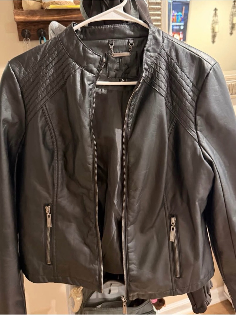 Women's Black Faux  Zip-Front Jacket with Quilted Shoulder Accents